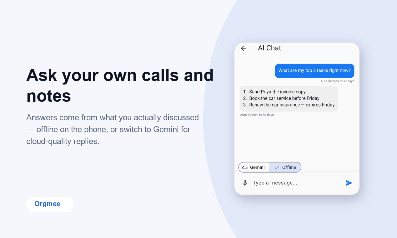 Orgmee AI Chat answering a question from the user's own calls and notes, with the Offline engine selected