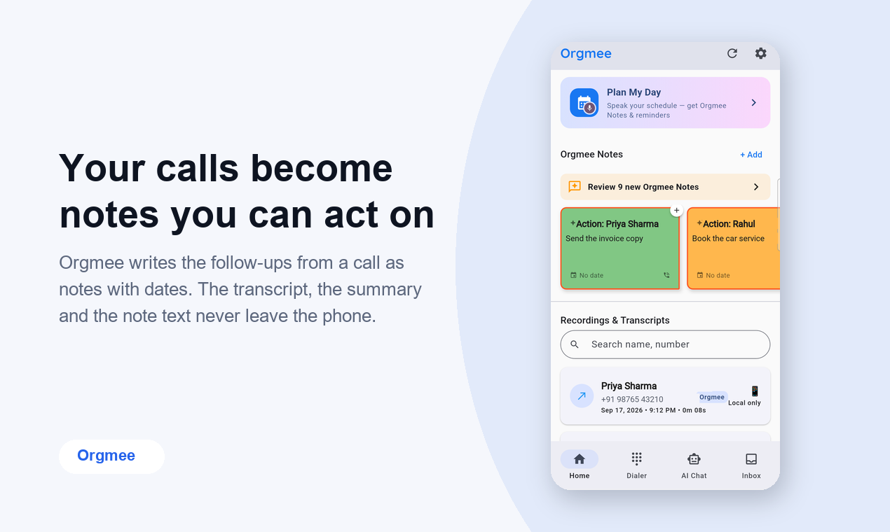 A call card in Orgmee showing the recording, transcript and summary