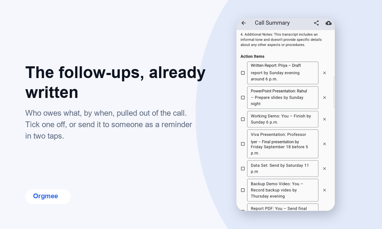 Action items written from a call, ready to become dated notes