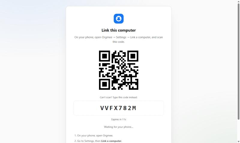 The web.orgmee.com sign-in screen, showing a code to scan from the Orgmee app