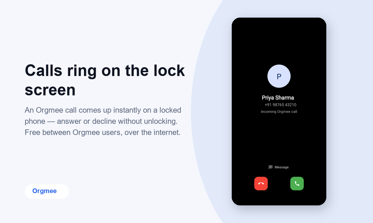 An incoming Orgmee call ringing over the Android lock screen