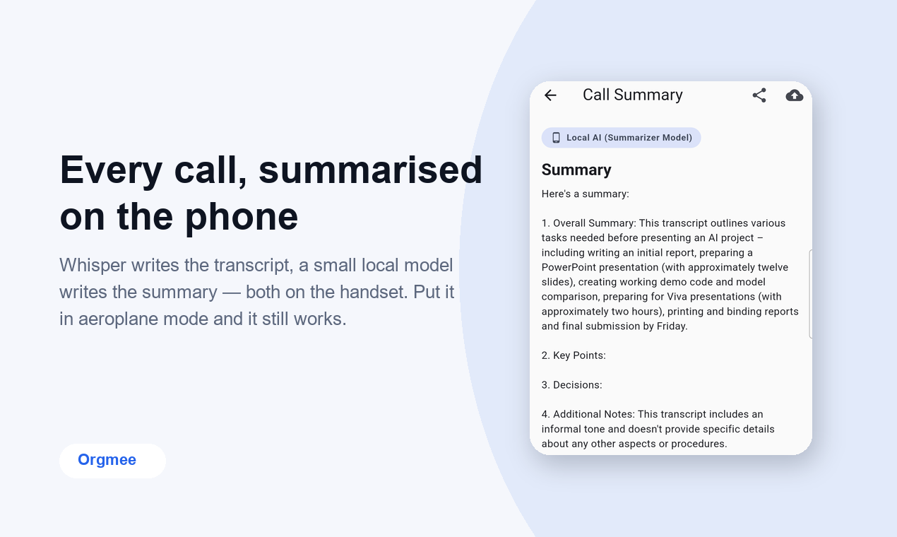 A call summary produced on the phone by the on-device summarizer model
