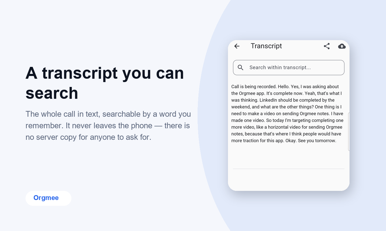 A searchable call transcript held on the phone