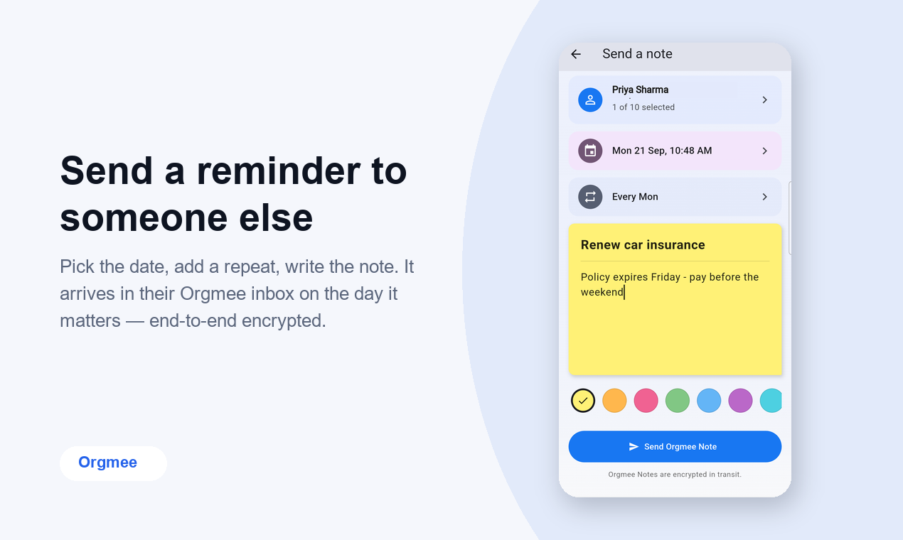 Composing a reminder to send to another Orgmee user